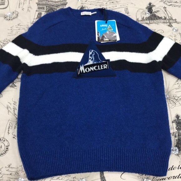 MONCLER Logo Stripe Panel Knit Sweater In Blue - Picture 6 of 10